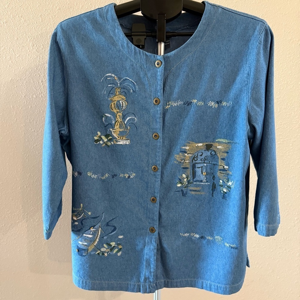 Vintage Koret Denim Shirt Embroidery Art to Wear Embellished Beads Size Large - Picture 1 of 15